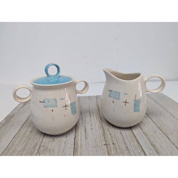 Vintage Set of Vernonware Metlox Heavenly Days Sugar Dish Creamer with Lid MCM - Picture 1 of 12